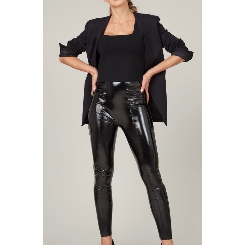 Spanx‎ Faux Patent Leather Leggings Very Black Petite Medium High Shine Leggings